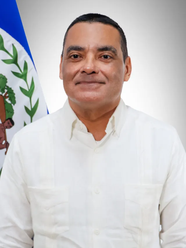 Official portrait of Francis Fonseca in a white guayabera, photographed against the national flag of Belize.